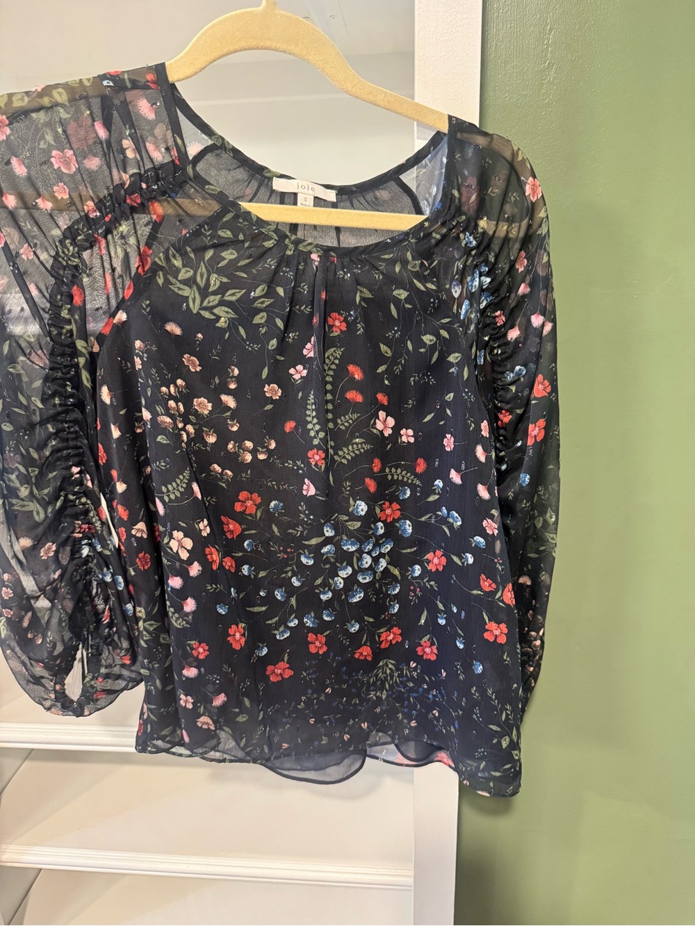Joie Navt Floral Sheer Blouse with Red & Blue Accents